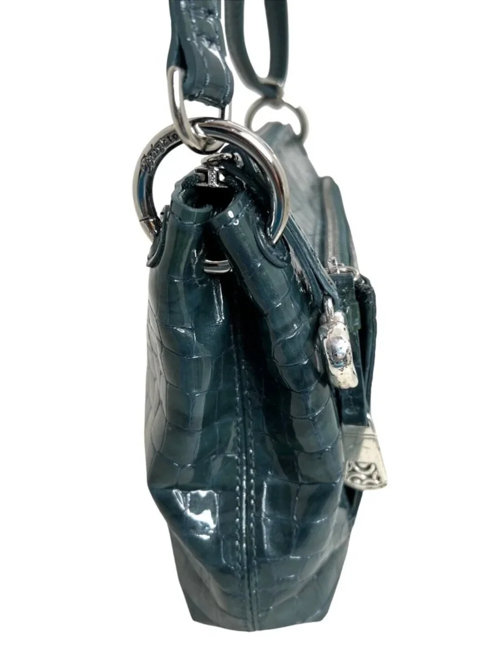 BRIGHTON Green Patent Leather Croc-Embossed Crossbody Bag W/Heart Charm